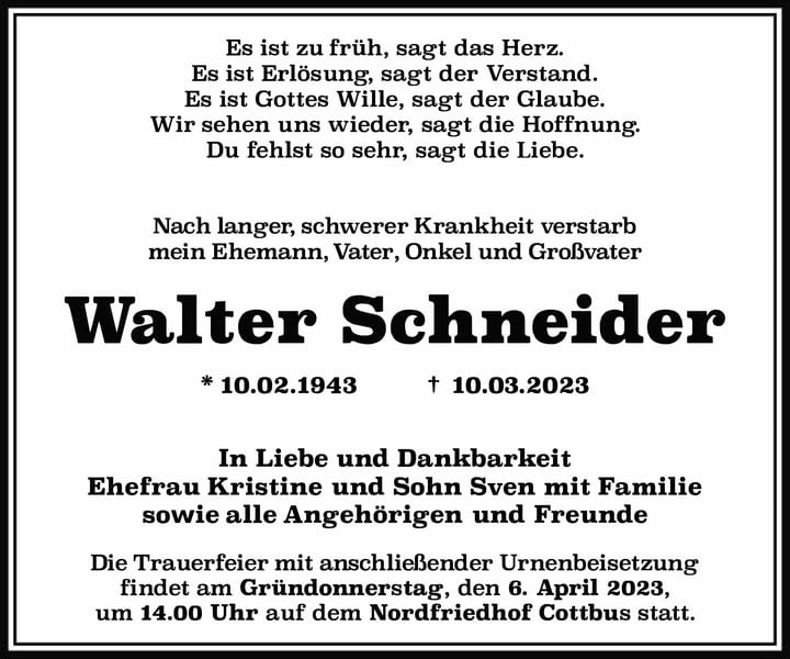 Traueranzeige Walter Schneider