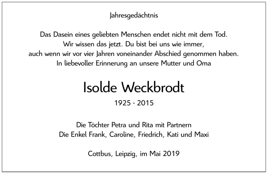 Jahresgedenken Isolde Weckbrodt