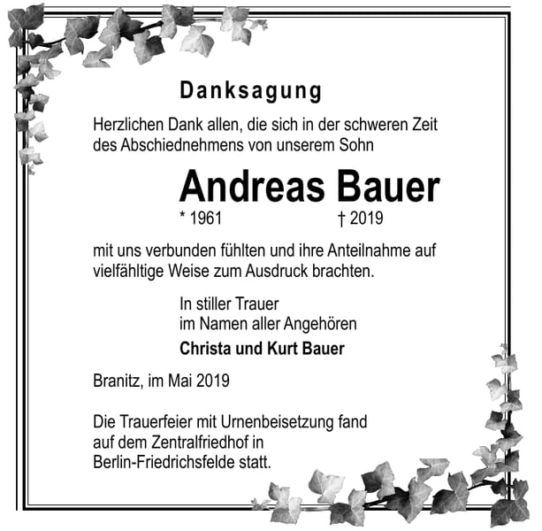 Traueranzeige Andreas Bauer