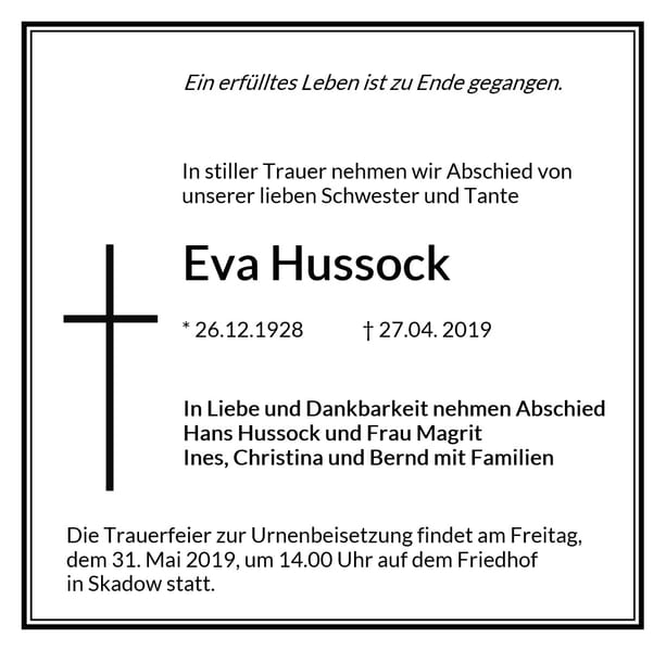 Traueranzeige Eva Hussock