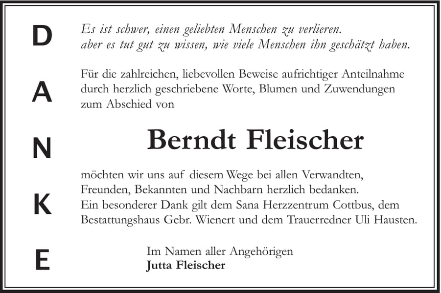 Danksagung Berndt Fleischer