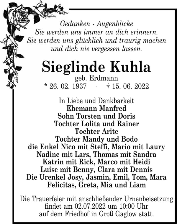 Traueranzeige Sieglinde Kuhla, geb. Erdmann