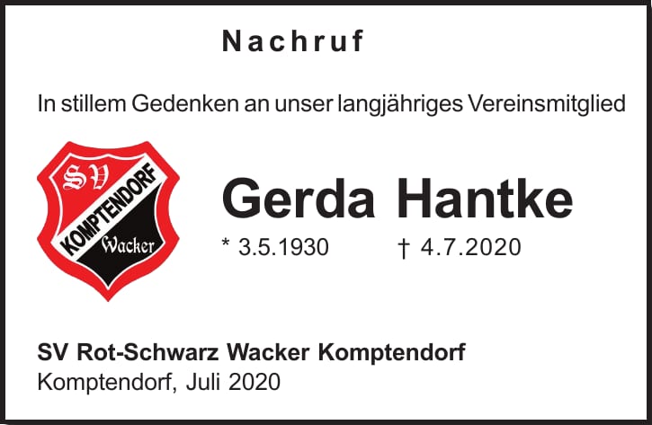 Traueranzeige Gerda Hantke