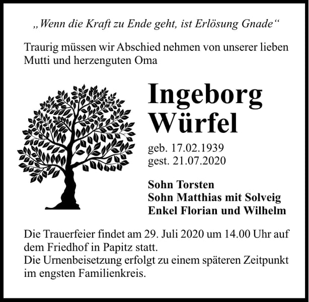 Traueranzeige Ingeborg Würfel