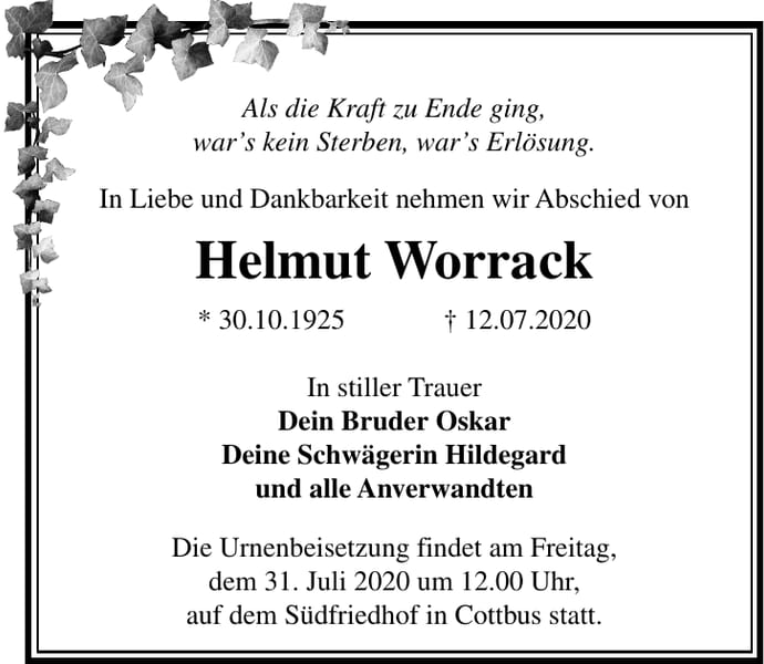 Traueranzeige Helmut Worrack