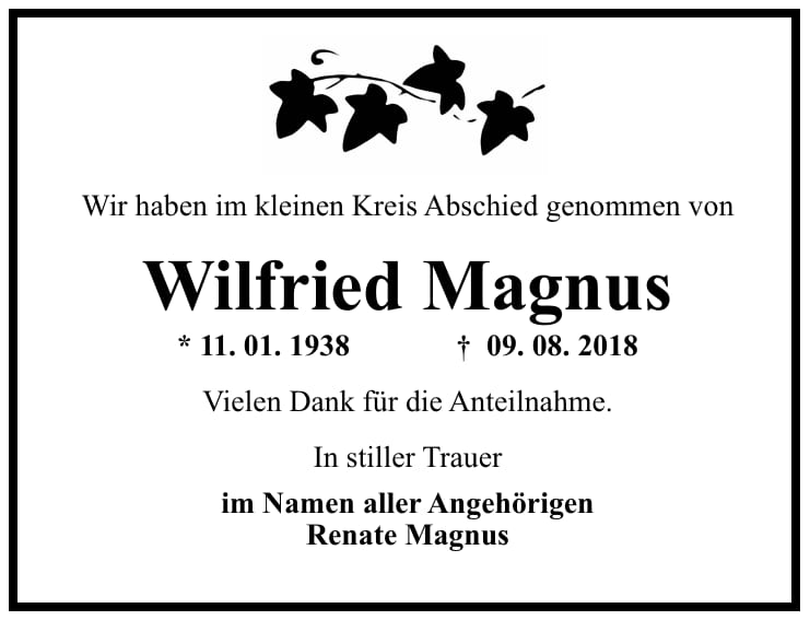 Danksagung Wilfried Magnus