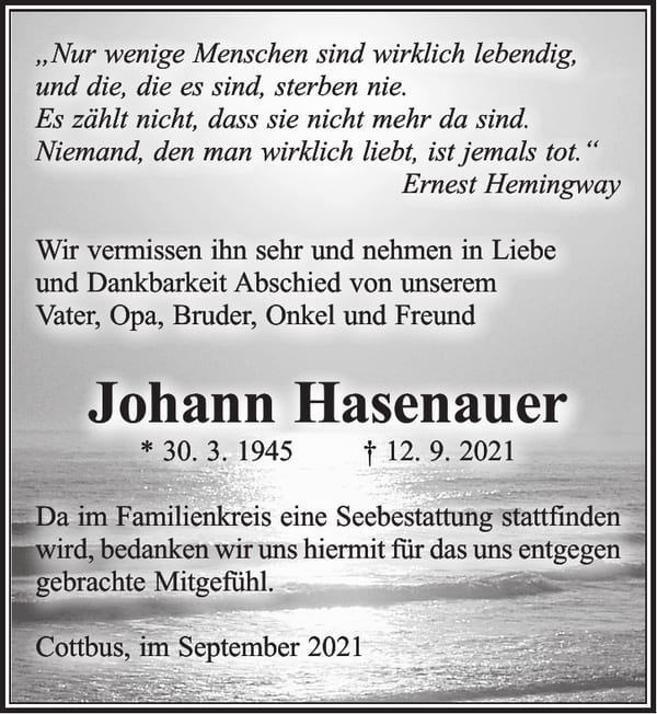 Traueranzeige Johann Hasenauer