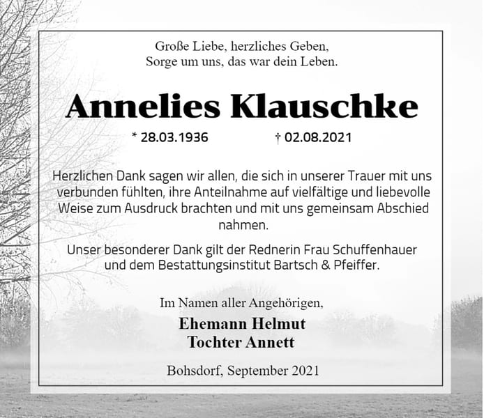 Traueranzeige Annelies Klauschke