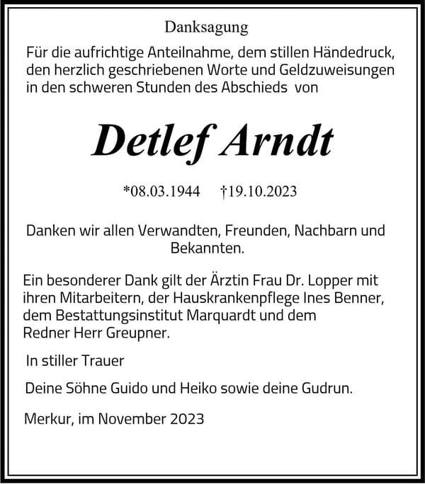 Danksagung Detlef Arndt