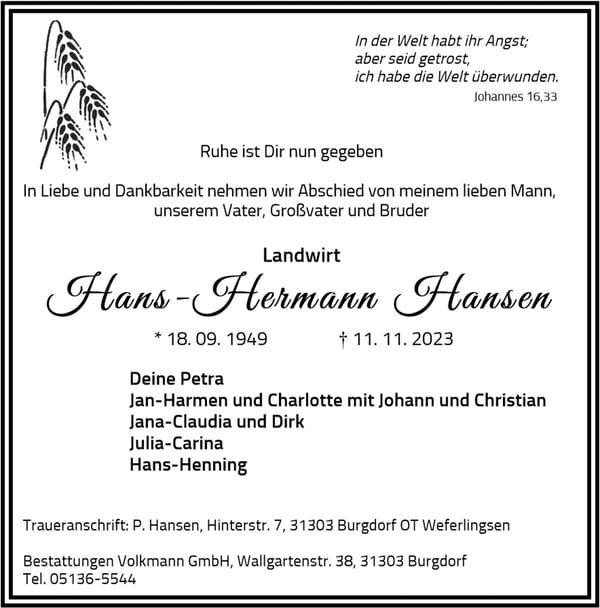 Traueranzeige Hans-Hermann Hansen