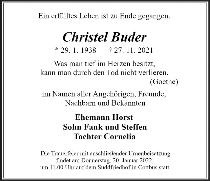 Traueranzeige Christel Buder
