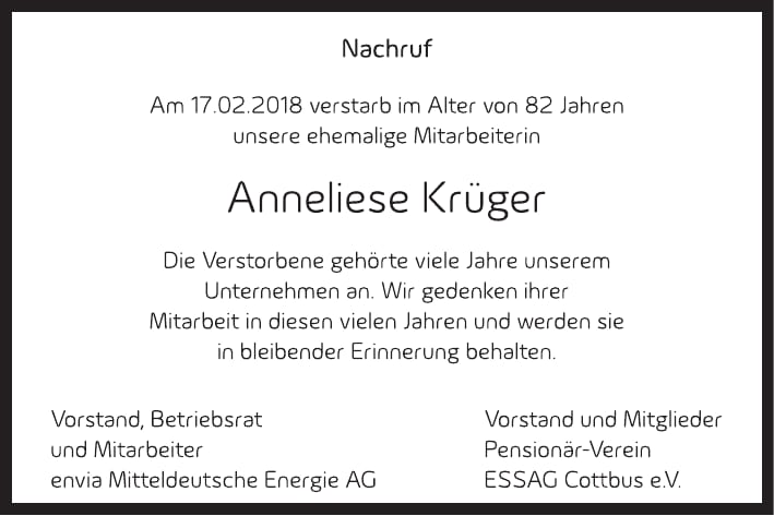 Nachruf Anneliese Krüger
