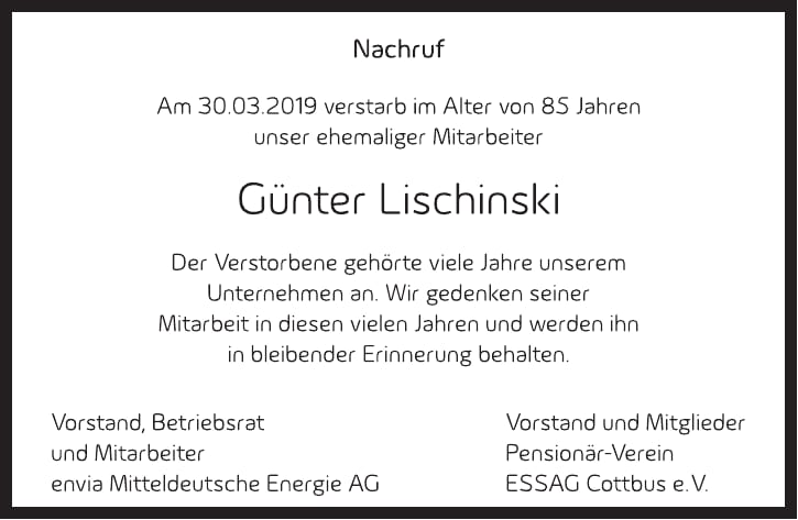 Traueranzeige Günter Lischinski