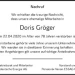 Traueranzeige Doris Gröger