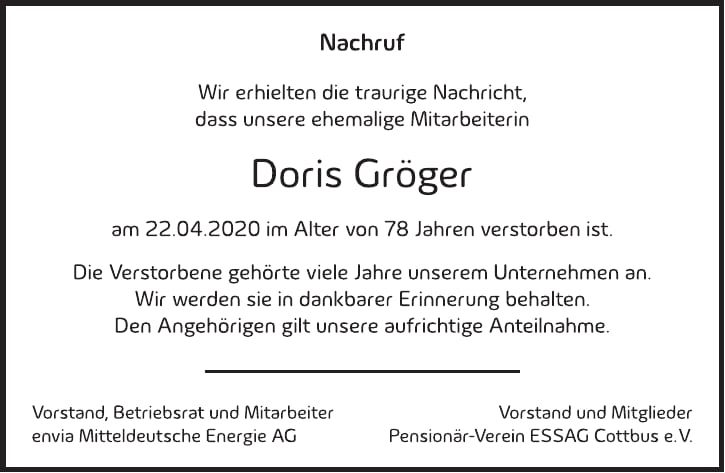 Traueranzeige Doris Gröger