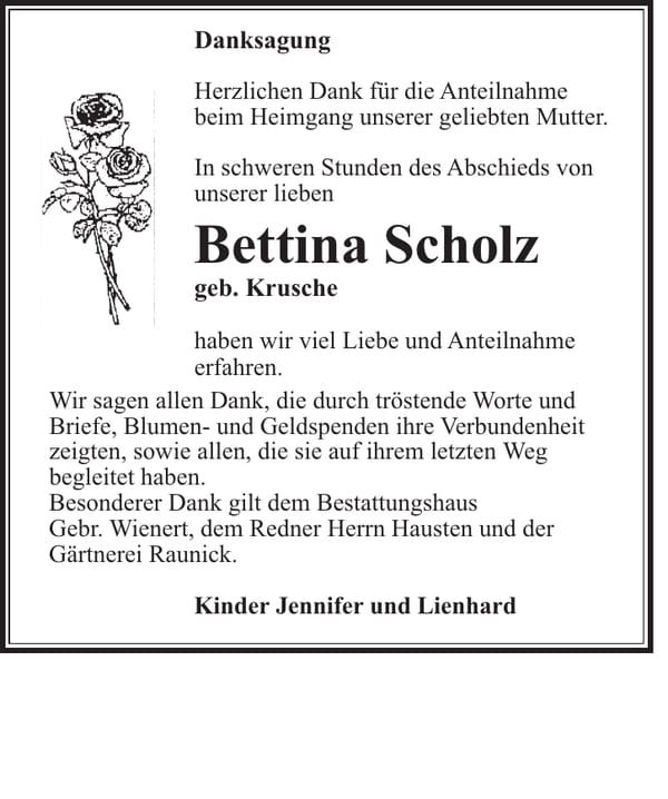 Danksagung Bettina Scholz, geb. Krusche