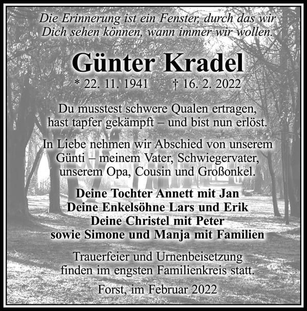Traueranzeige Günter Kradel