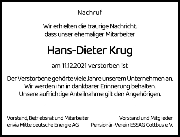 Nachruf Hans-Dieter Krug