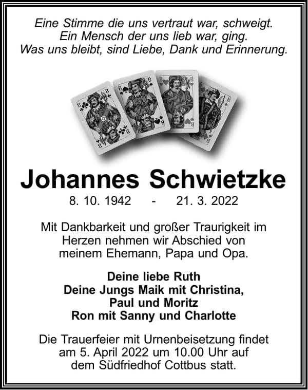 Traueranzeige Johannes Schwietzke