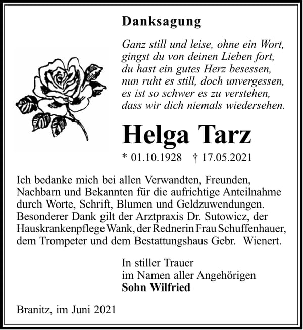 Danksagung Helga Tarz
