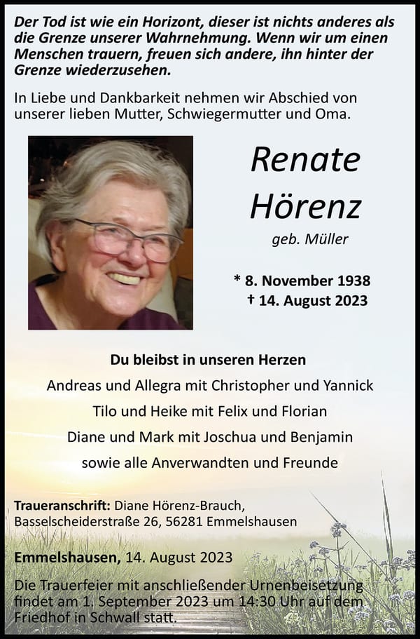 Traueranzeige Renate Hörenz, geb. Müller