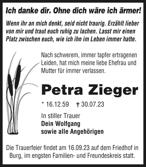 Traueranzeige Petra Zieger