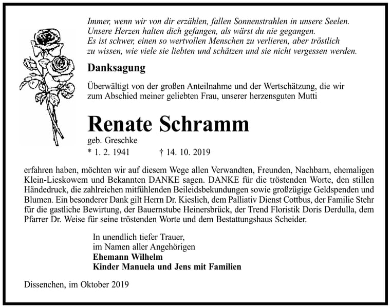 Danksagung Renate Schramm, geb. Greschke