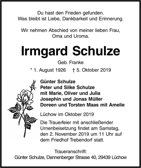 Traueranzeige Irmgard Schulze