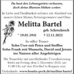 Traueranzeige Melitta Bartel, geb. Schrockosch