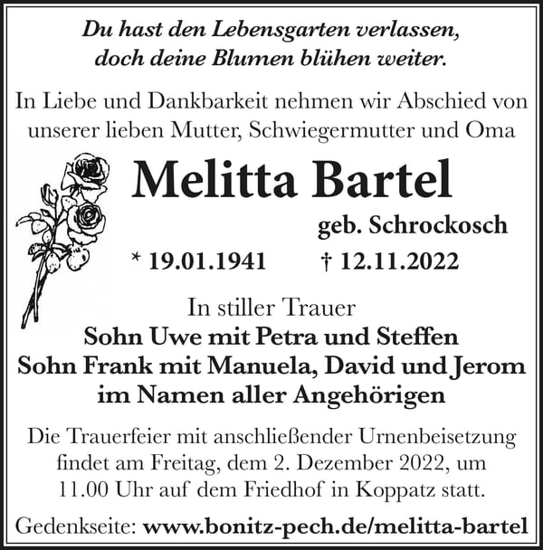 Traueranzeige Melitta Bartel, geb. Schrockosch