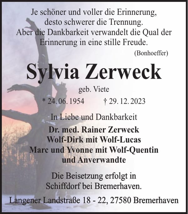 Traueranzeige Sylvia Zerweck, geb. Viete