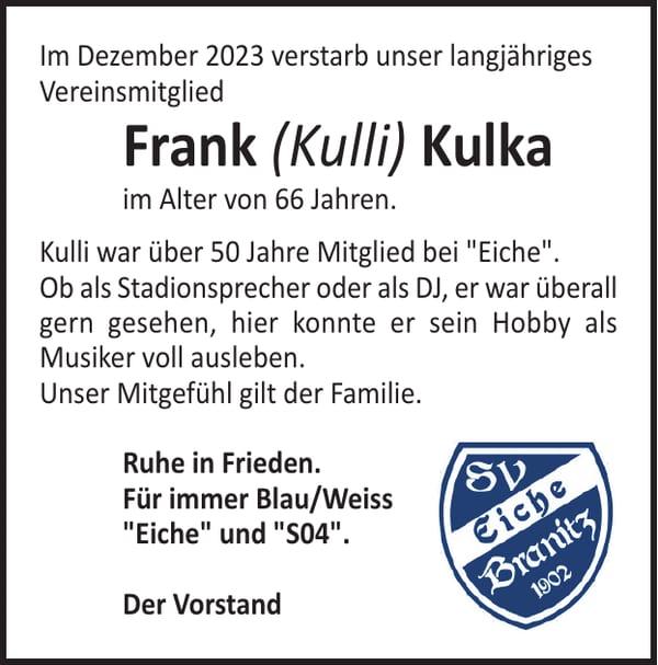 Nachruf Frank (Kulli) Kulka