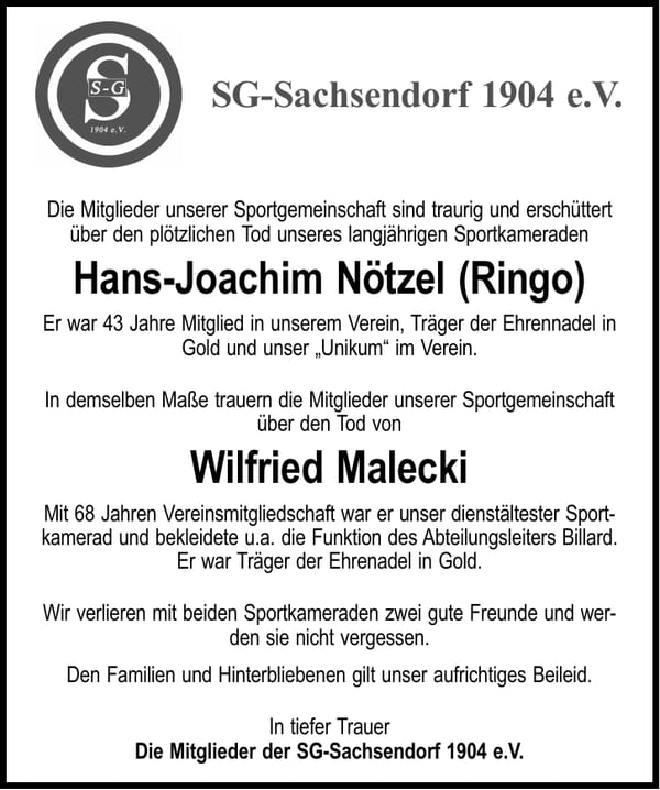 Nachruf Hans-Joachim Nötzel (Ringo) und Wilfried Malecki