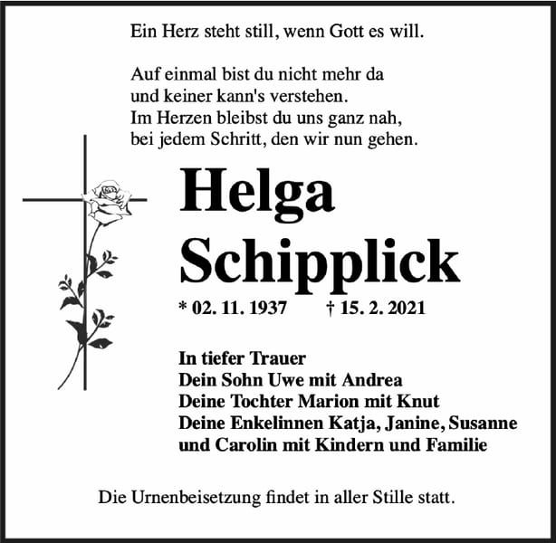 Traueranzeige Helga Schipplick