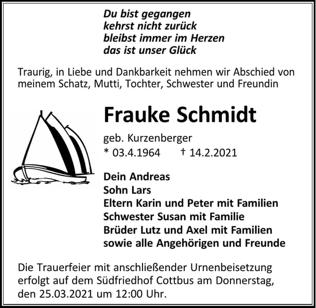 Traueranzeige Frauke Schmidt, geb. Kurzenberger