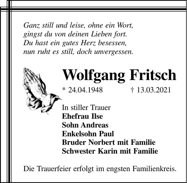 Traueranzeige Wolfgang Fritsch
