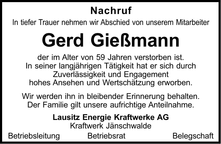 Traueranzeige Gerd Gießmann