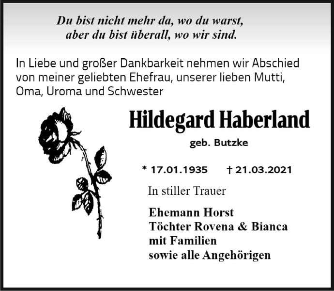 Traueranzeige Hildegard Haberland, geb. Butzke