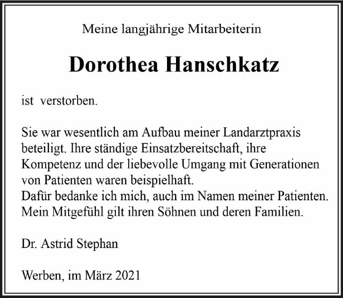Traueranzeige Dorothea Hanschkatz
