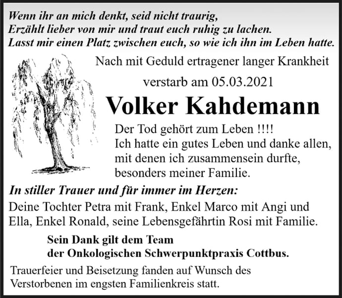 Traueranzeige Volker Kahdemann