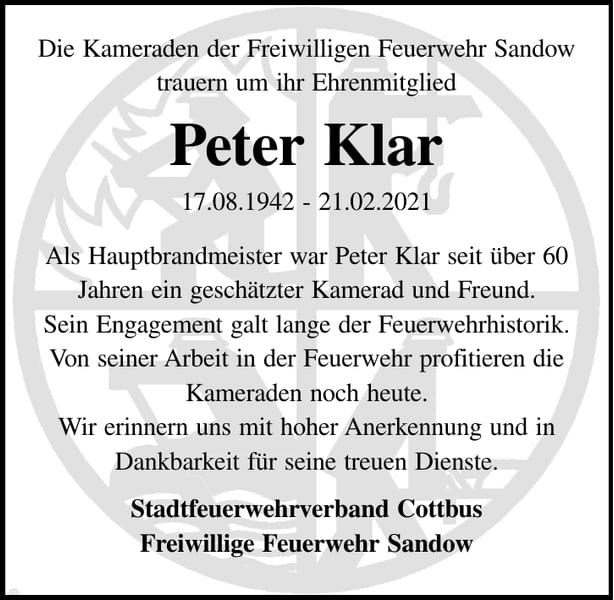 Nachruf Peter Klar