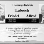 Jahresgedenken Friedel und Alfred Lubosch