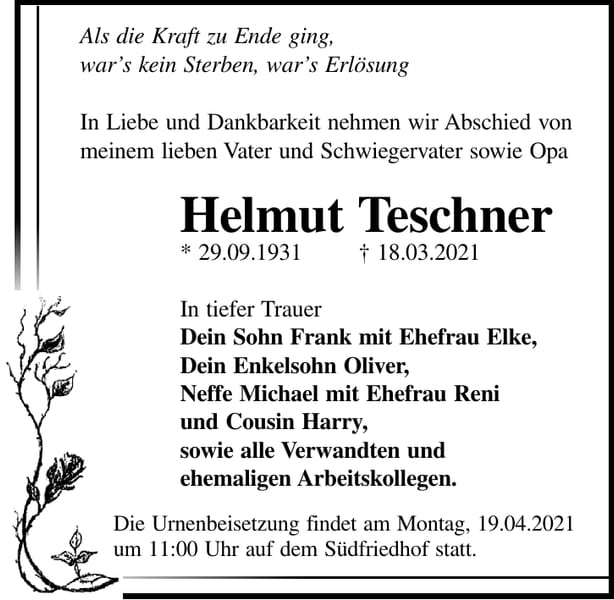 Traueranzeige Helmut Teschner