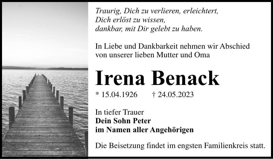 Traueranzeige Irena Benack