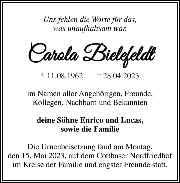 Traueranzeige Carola Bielefeldt