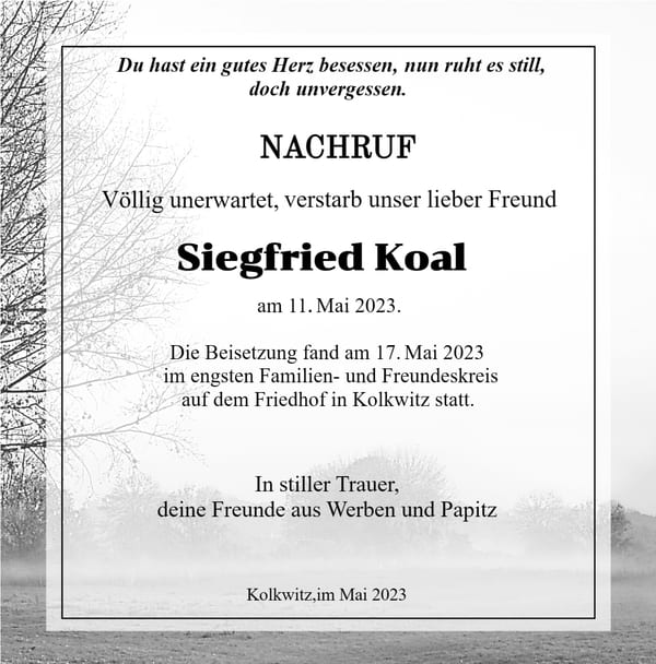 Nachruf Siegfried Koal