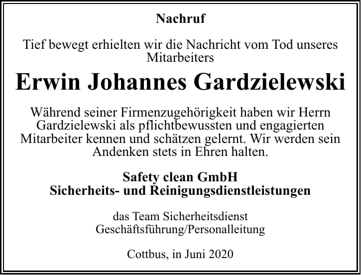 Traueranzeige Erwin Johannes Gardzielewski
