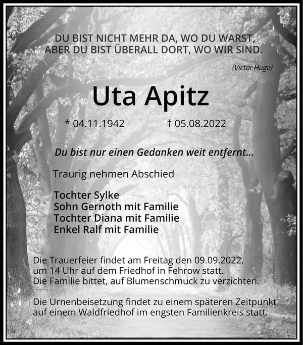 Traueranzeige Uta Apitz