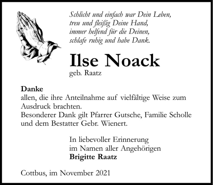 Danksagung Ilse Noack, geb. Raatz