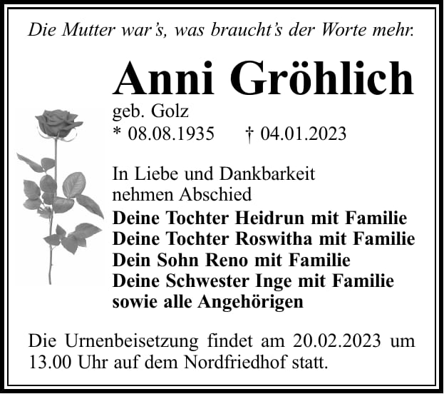 Traueranzeige Anni Gröhlich, geb. Golz